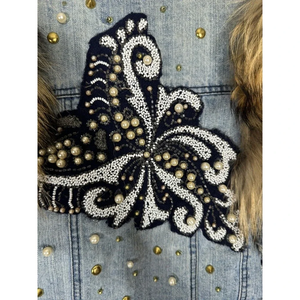 Custom Fox‎ Fur Denim Spiked Jacket Jeans Rock Metal Punk Luxury Glam Large - Picture 6 of 7